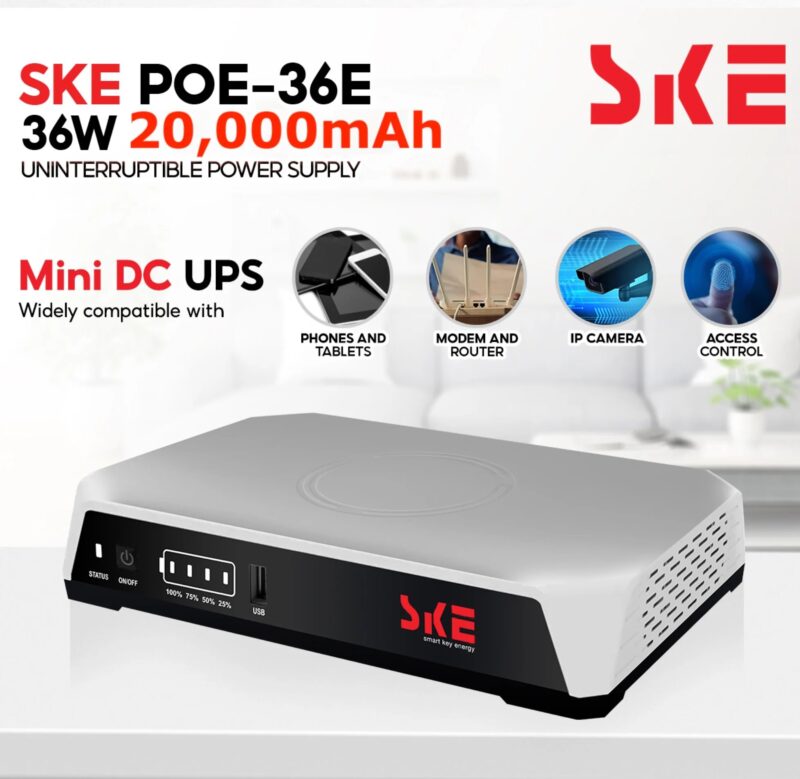 SKE POE-36E-LFP 20,000mAh Mini DC UPS – 36W High Power Backup with LiFePO4 Battery (5V9V12V 3A)